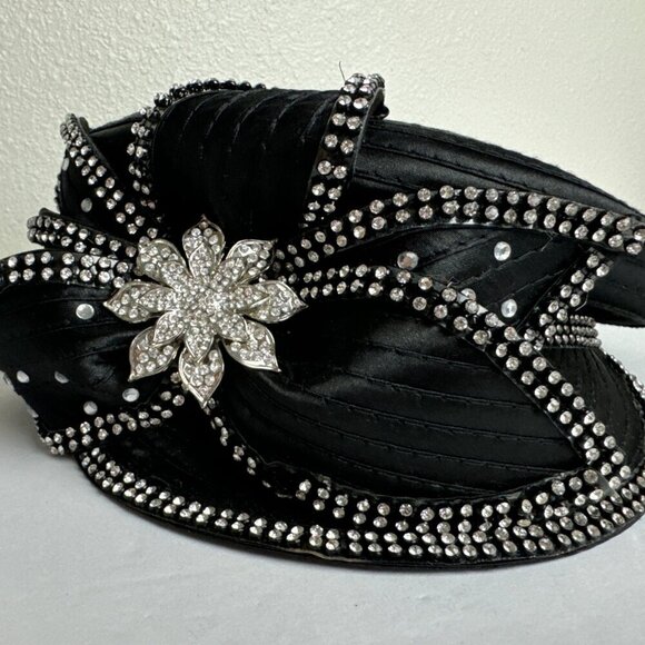 Satin Black Beret Cap Hat  w / Rhinestones main image 11